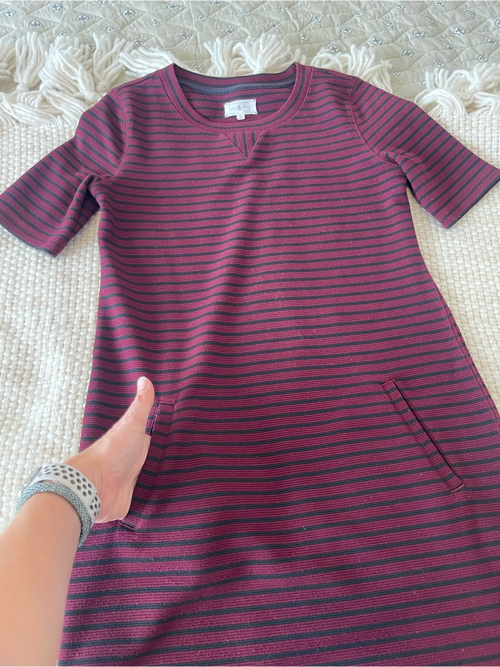 Lou & Grey Crewneck Short-Sleeve Sweater Dress in Burgundy Stripe - Picture 4 of 6